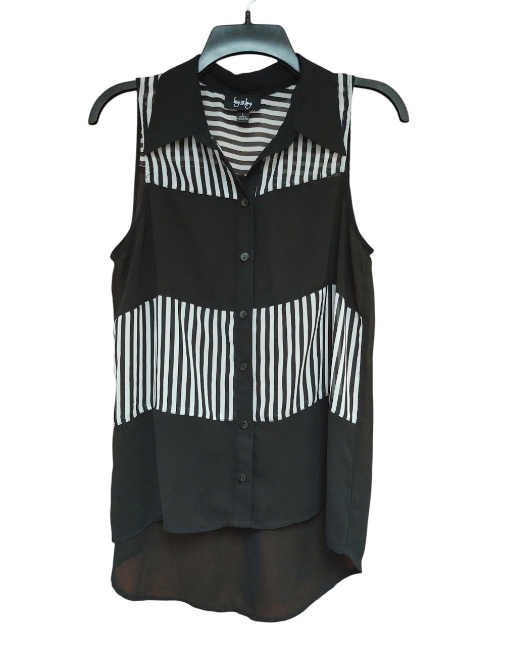 Sleeveless Black & White Sheer Button-Front Blouse Size L